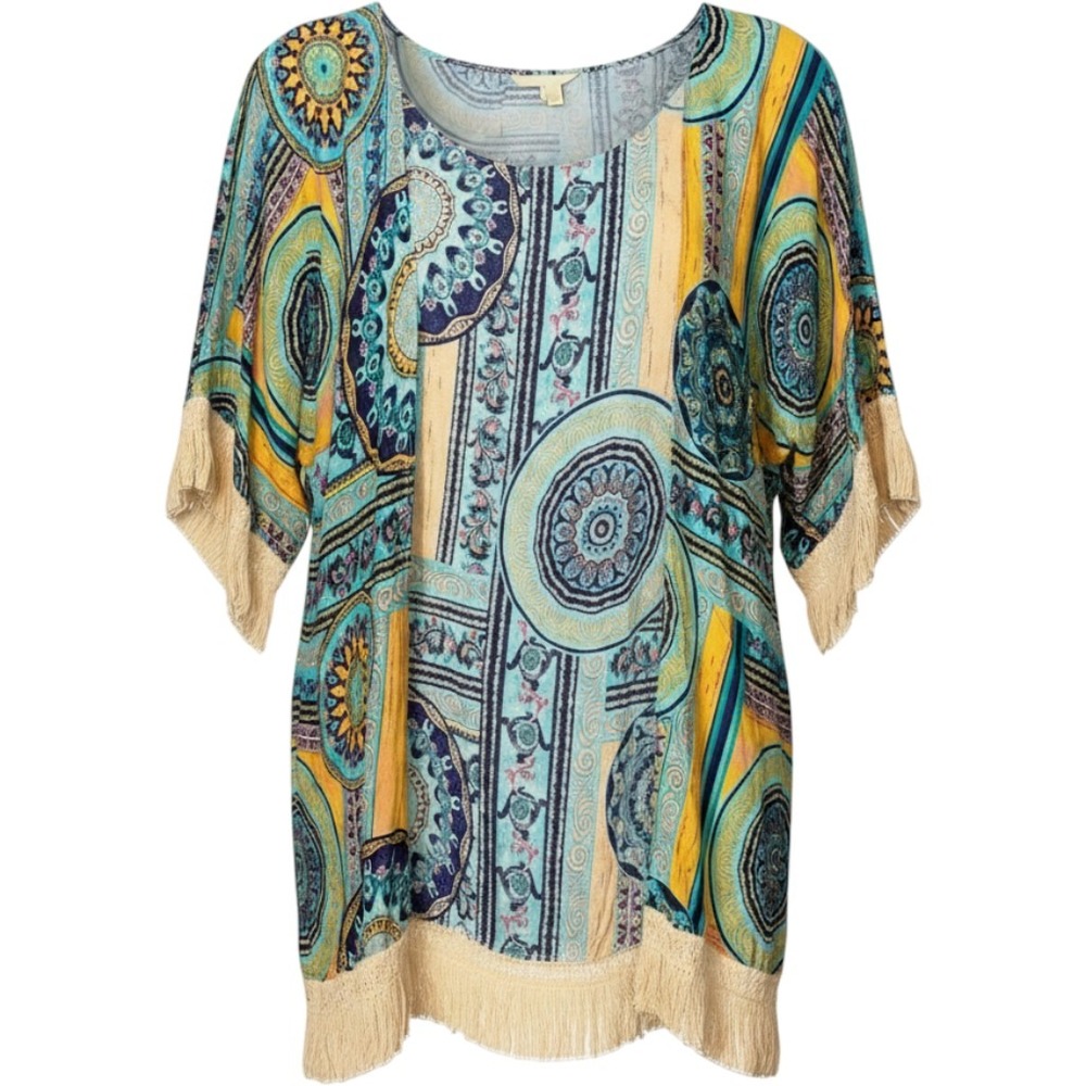 Kimono One Size Janice Medallion Mandala Fringe Boho Festival Cardigan  Bohemian
